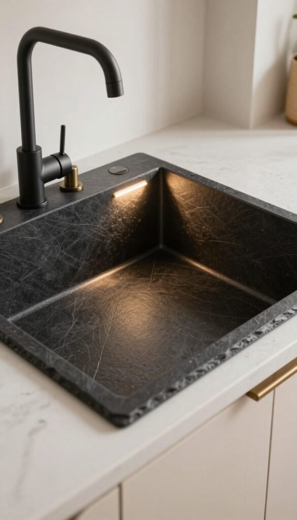 Black slate backsplash with warm under-cabinet lighting in a grey kitchen