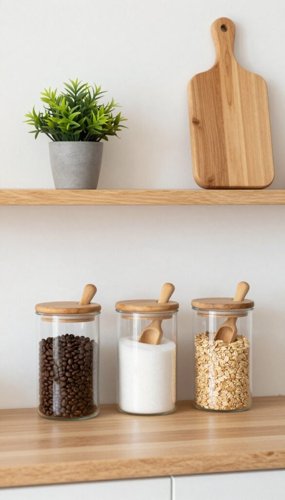 Three clear glass canisters with bamboo lids and attached scoops on a kitchen shelf, filled with coffee, sugar, and oats, with a plant and cutting board on the shelf above.