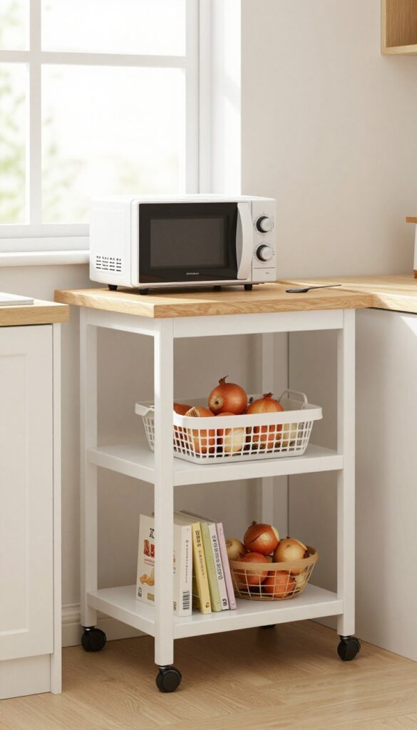 Slim white rolling cart in a light kitchen, holding a microwave and cookbooks, with a wooden cutting board on top.