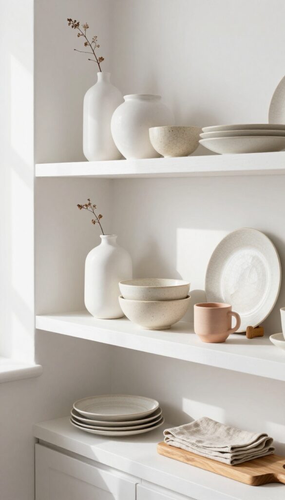 Open shelving with layered ceramics in a light and airy kitchen