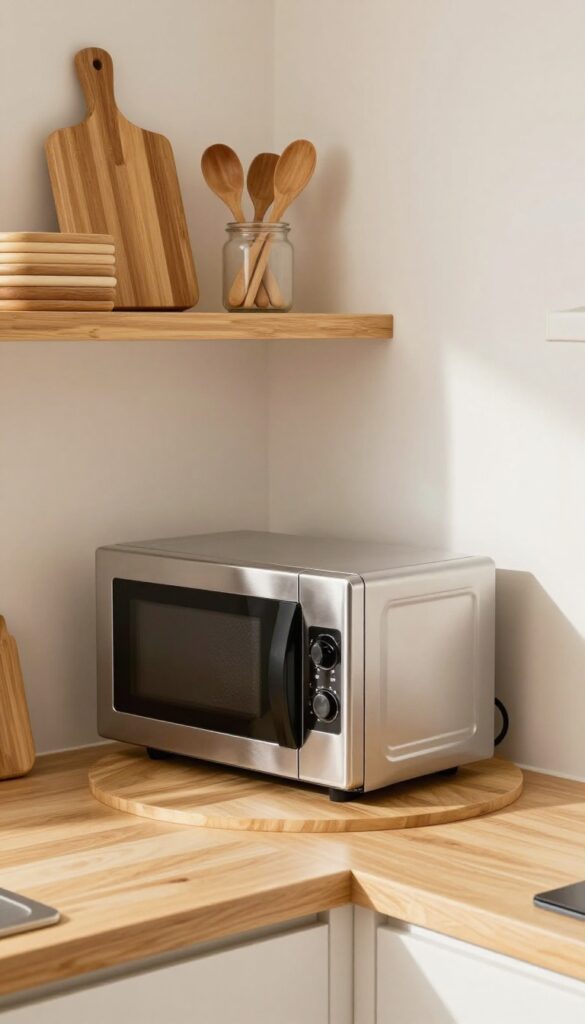 Open corner cabinet with a lazy Susan holding a microwave, cutting boards and utensils above, bright natural light