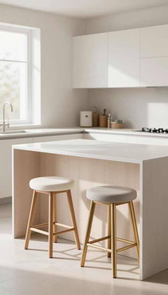 Two-tone stools at a kitchen island, one with white seat and oak legs, another with gray seat and brass legs, in a light airy kitchen