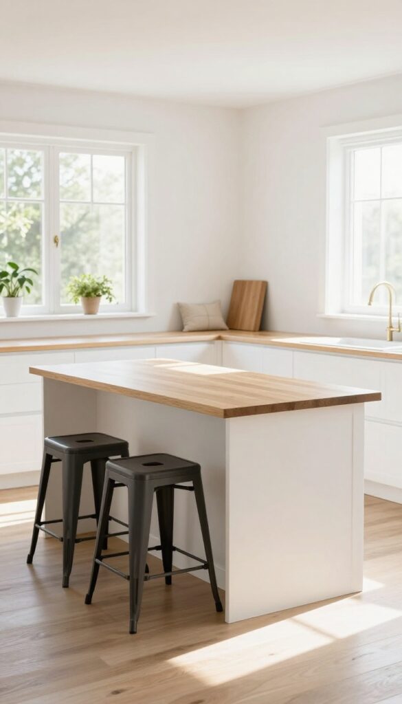 Light and airy kitchen island with a slim wooden bench tucked under one side, two black stools on the opposite side, natural light, clean composition.