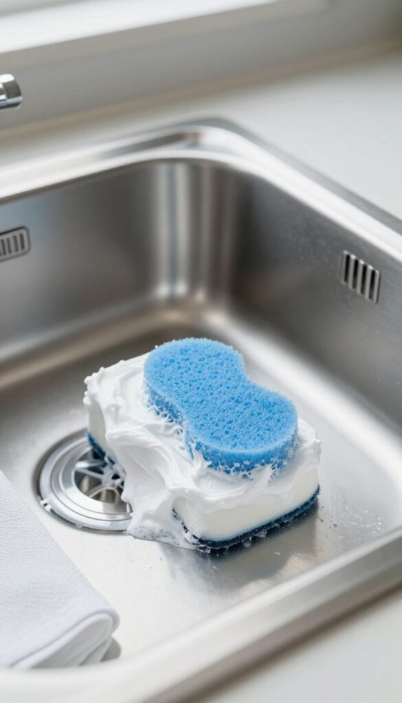 Applying baking soda paste to a stainless steel sink with a soft sponge