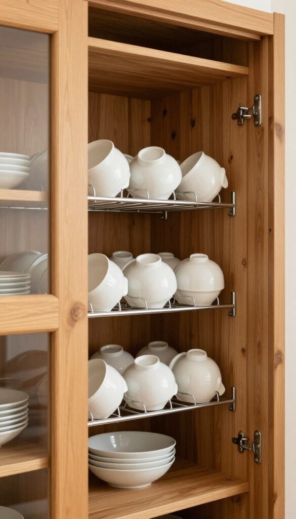 Over-the-door rack with hanging mixing bowls on a pantry door, organized and accessible.