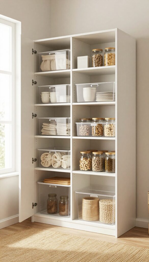 A narrow pantry with open shelving and a patterned runner rug on the floor, adding warmth and texture.