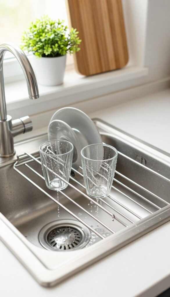 Over-the-sink drying rack in a small kitchen with dishes and natural light