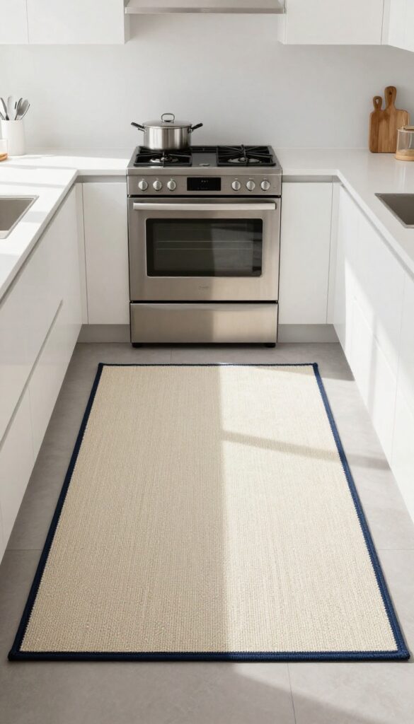 Heat-resistant rug in front of a kitchen stove, adding color and comfort to the cooking area.