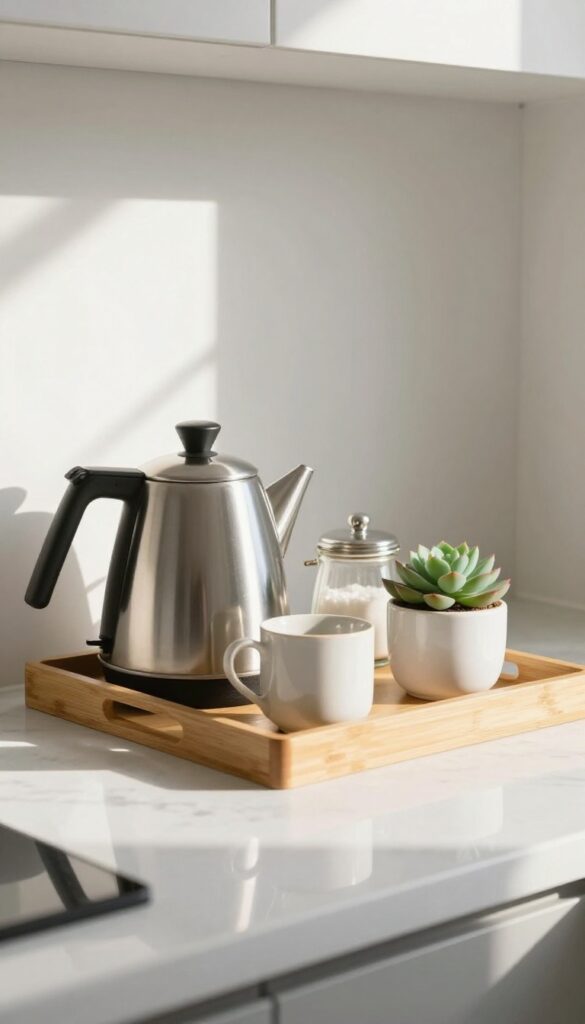 A bamboo tray on a kitchen counter with a kettle, mugs, sugar jar, and a small plant, styled as a tea and coffee station.