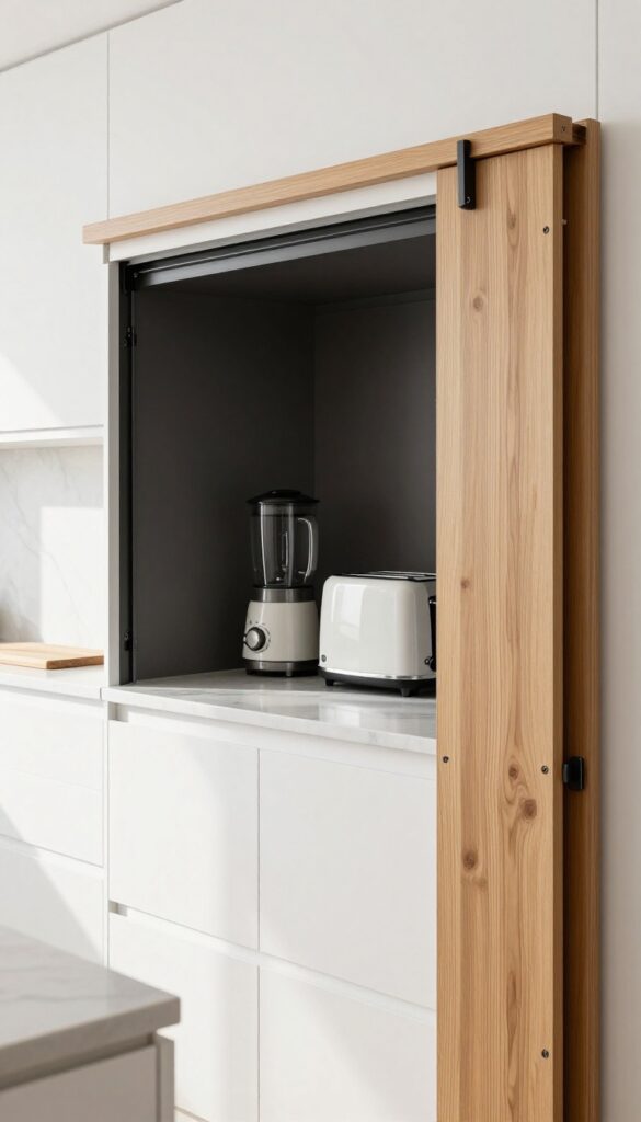 A kitchen counter with a built-in appliance garage, roll-up door partially open, toaster and blender inside, clean and organized.