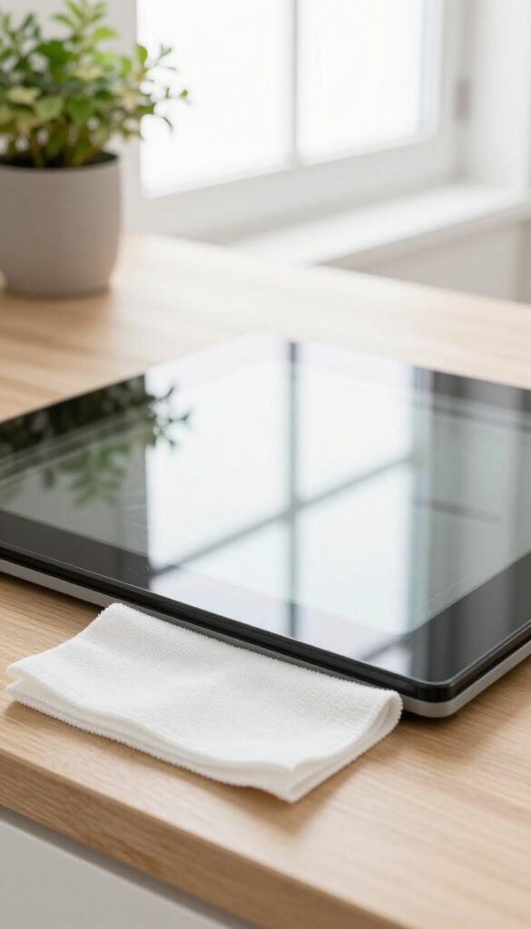 Streak-free oven door glass reflecting a bright kitchen window with a microfiber cloth and glass cleaner nearby