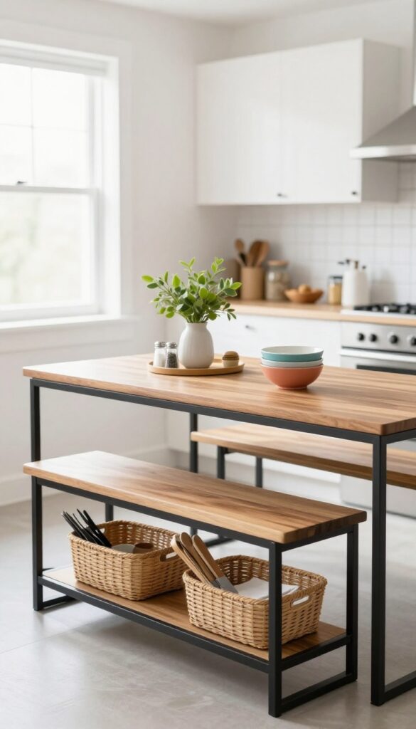 Narrow console table behind a dining bench with baskets and decor, creating a storage-smart drop zone for casual meals.