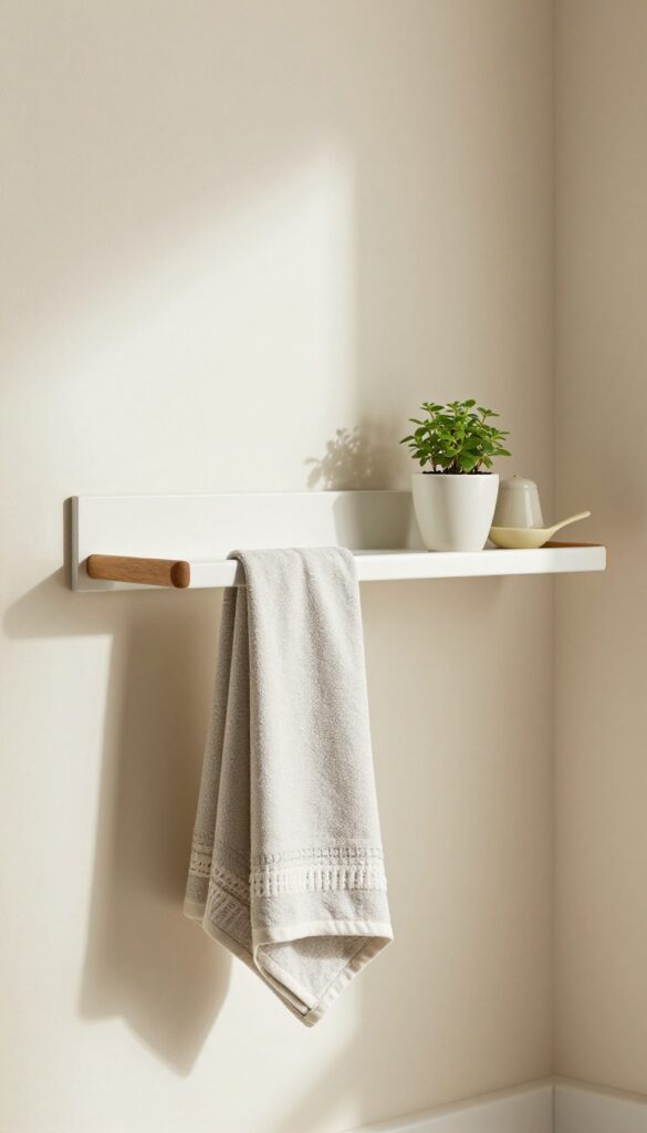 Floating shelf with built-in towel bar in a bright kitchen, holding a plant and dish towel