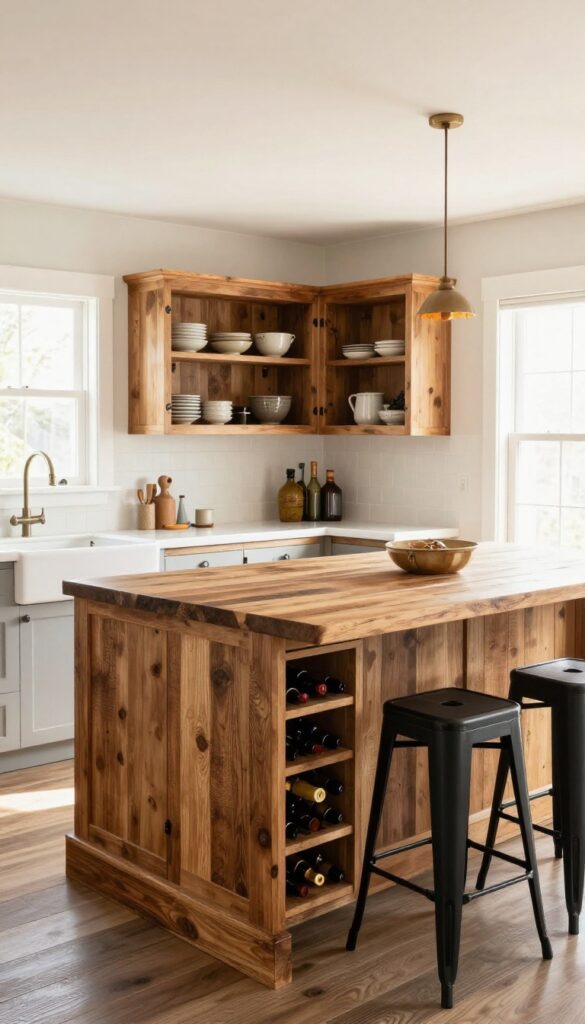 Rustic kitchen island with wine rack and pub table seating