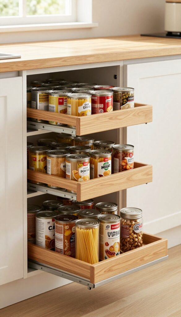 Kitchen island with pull-out pantry shelf organized with dry goods