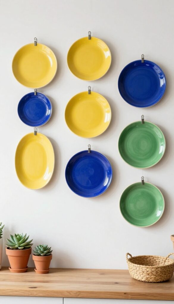 Cluster of hand-painted ceramic plates displayed as wall art in a bright kitchen, with a shelf holding a succulent and woven basket.
