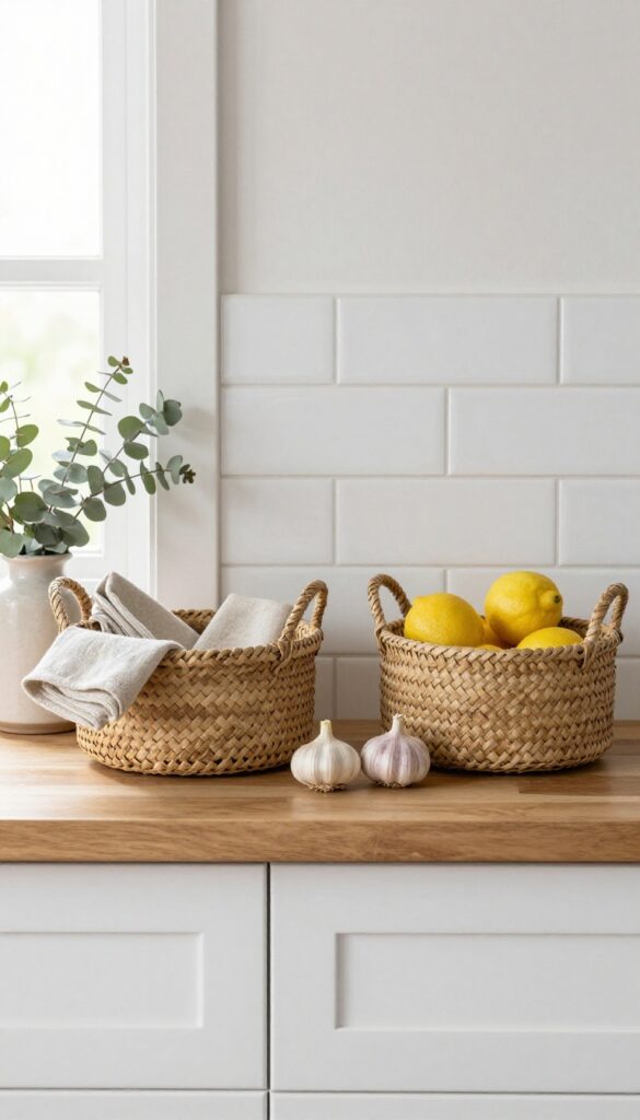 Kitchen mantle with two open woven baskets holding dish towels and produce, styled with a vase of dried eucalyptus