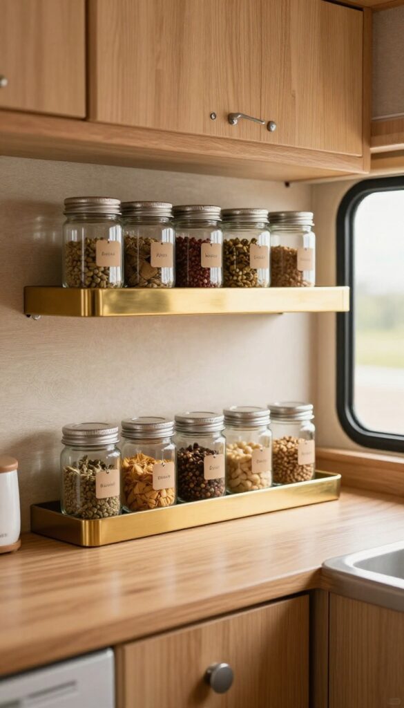 Magnetic spice rack mounted on the side of an RV range hood, with uniform glass jars filled with spices, in a bright, clean kitchen.