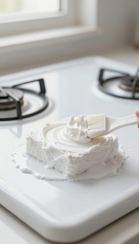 Baking soda paste on a greasy stove burner with a brush nearby