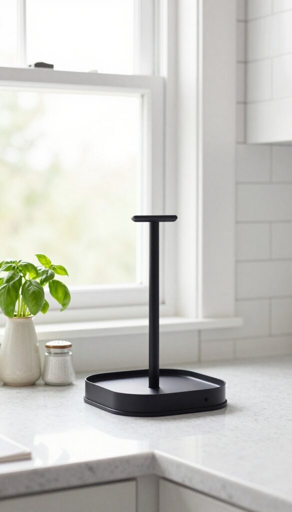 Slim matte black cookbook stand with open book on a clean kitchen counter, beside a small vase of basil and a salt cellar, bright natural light, white subway tile backsplash