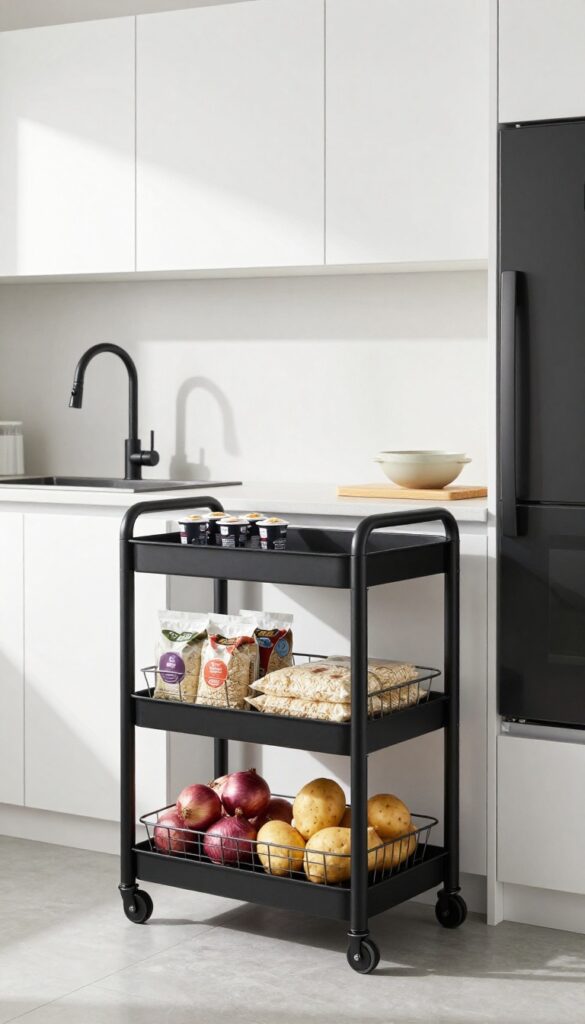 Black rolling cart in kitchen between fridge and counter, filled with pantry items and a bamboo cutting board on top.