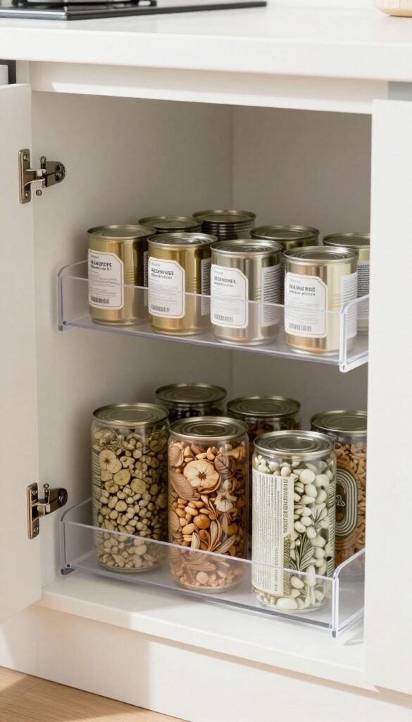 Clear acrylic stackable shelf risers inside a kitchen cabinet organizing canned goods in two tiers