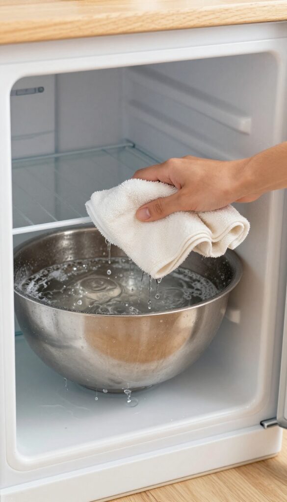 Defrosting a freezer with a bowl of hot water and towels on the floor