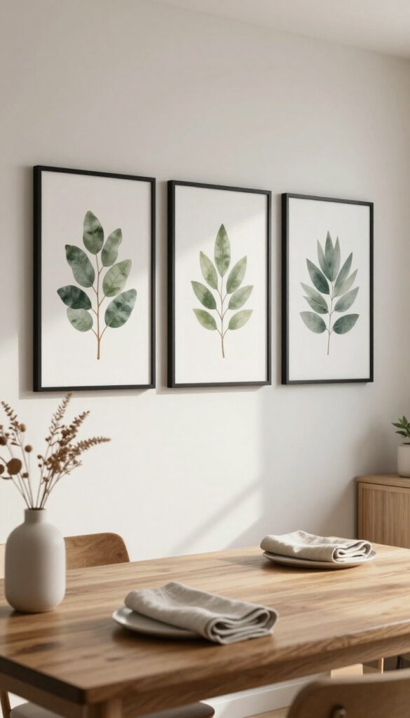 Three framed botanical prints in muted greens hung vertically above a wooden kitchen table with neutral linens and a small vase.