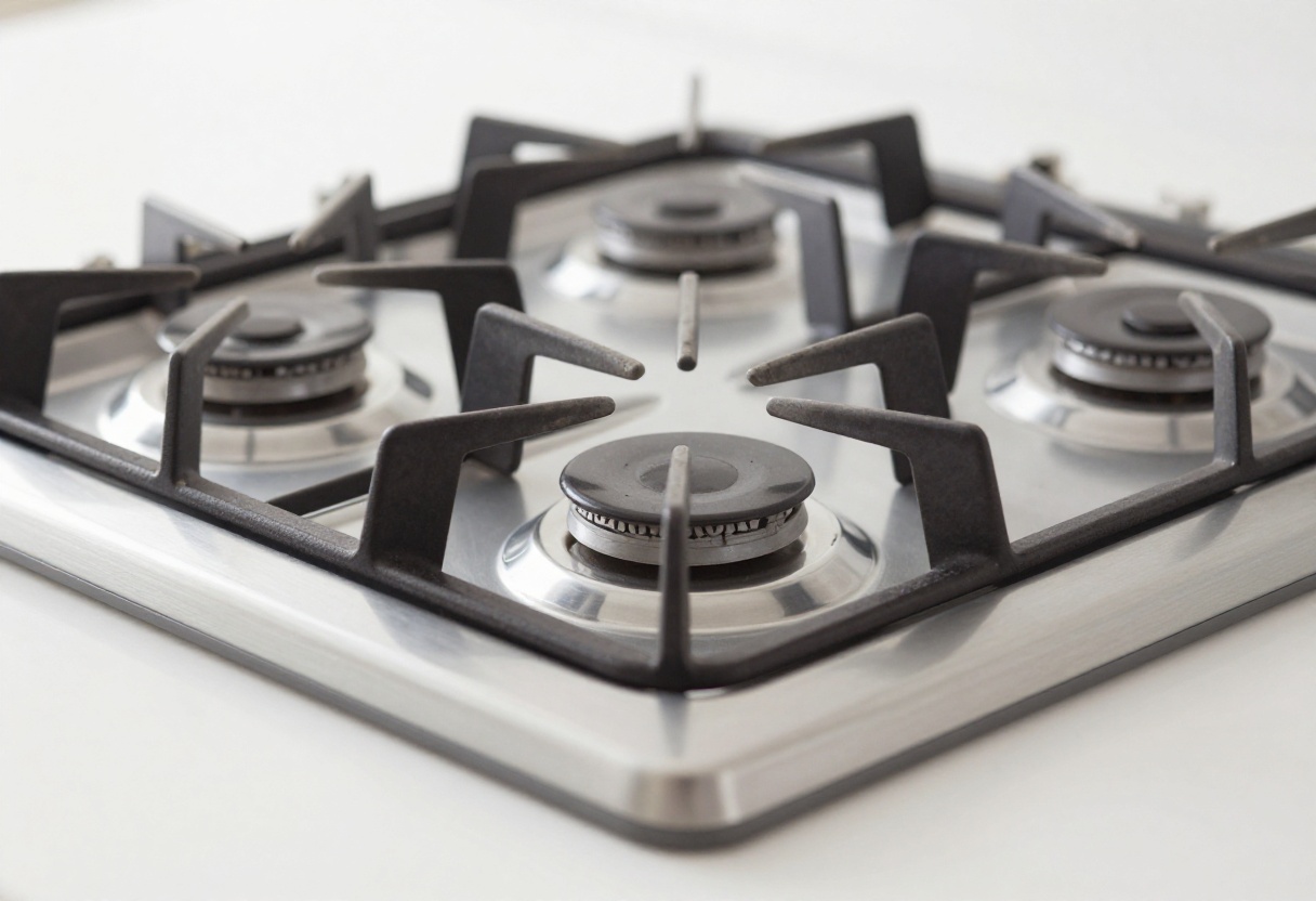 Clean gas stove burners with shiny grates and caps