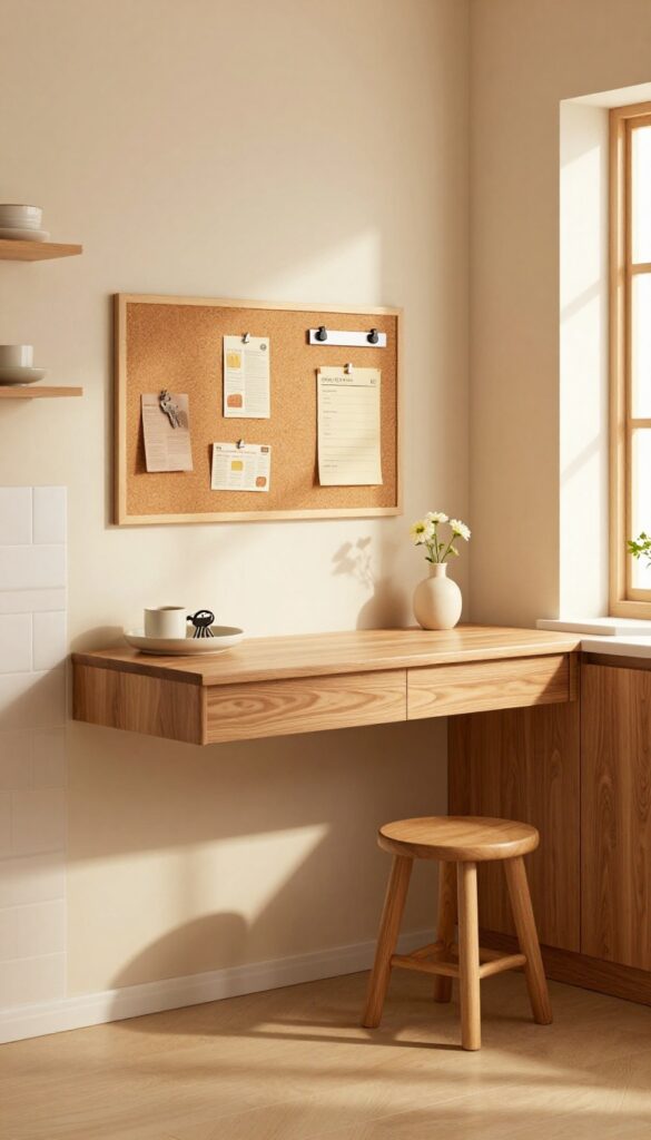 A warm kitchen alcove with a walnut floating desk, corkboard, and stool, styled for meal planning.