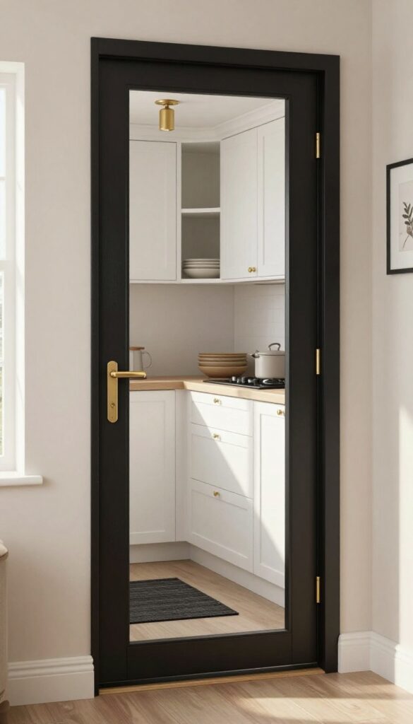 Matte black pantry door as a design feature in a bright kitchen with white cabinets and brass hardware.