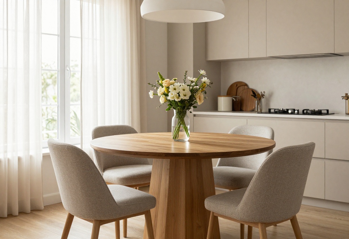 Light and airy kitchen dining area with round wooden table and upholstered chairs