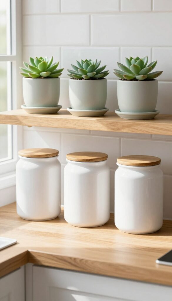 A row of white canisters with a small succulent in a sage pot on a kitchen shelf, bathed in natural light.