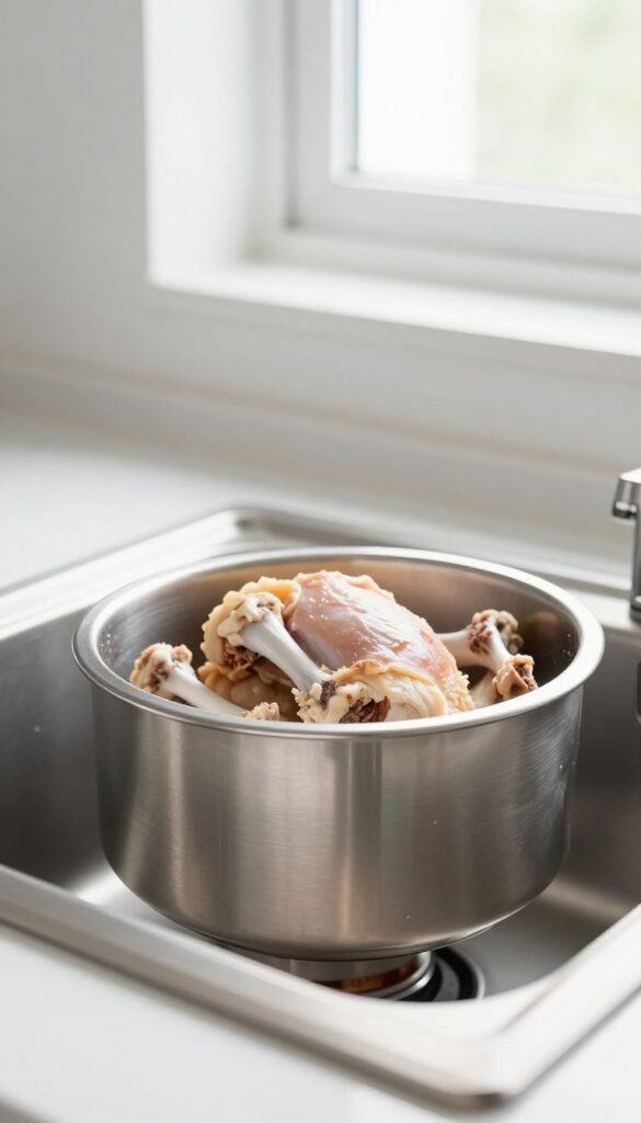 Small chicken bones on the rim of a kitchen sink garbage disposal