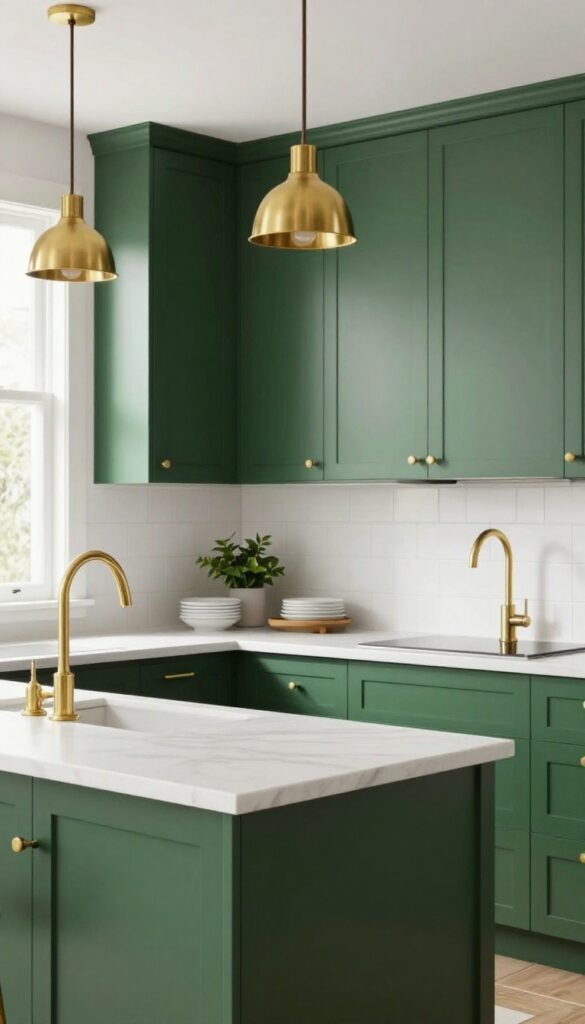Dark green kitchen cabinets with gold accents and marble countertops