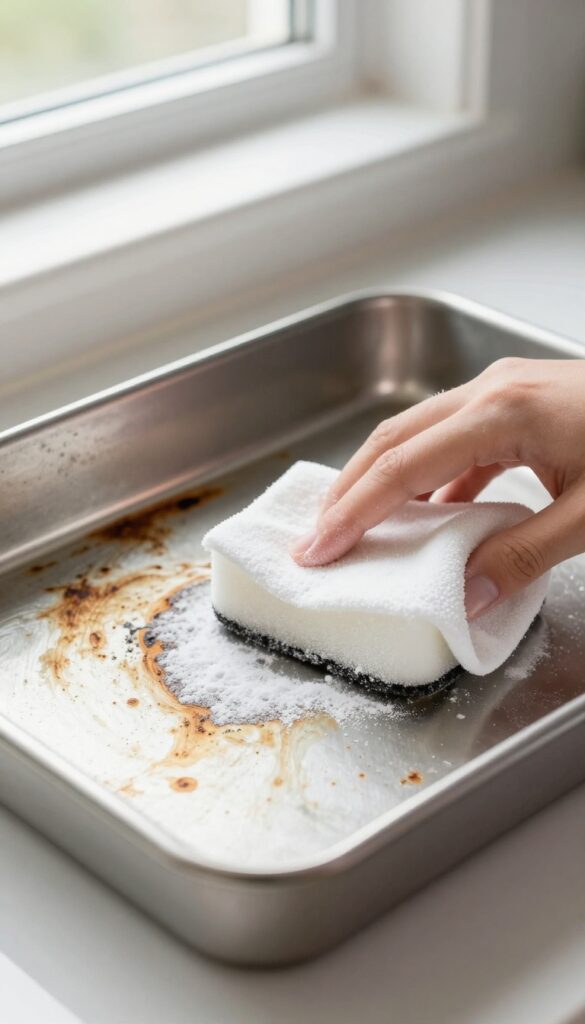 Cleaning a burnt stainless steel baking sheet with Bar Keepers Friend powder and a sponge in bright natural light