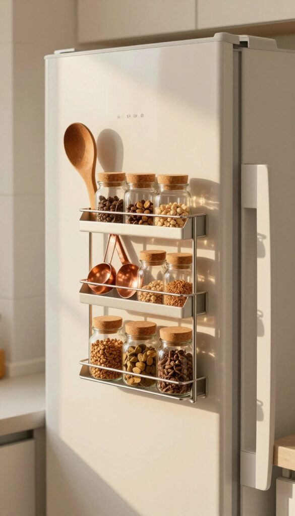 Magnetic side rack on fridge with spices and tools in a cozy kitchen