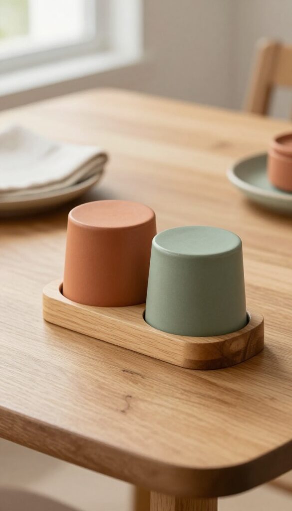 Stackable ceramic coasters in earthy tones in a wooden holder on a dining table, with natural light and cozy decor