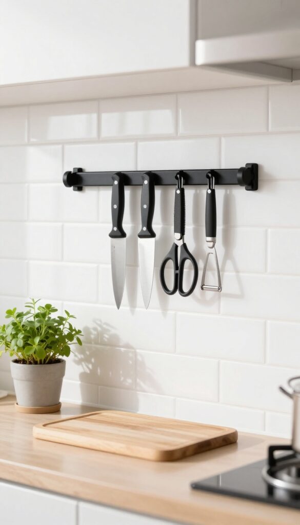 Magnetic knife strip mounted on backsplash in tiny kitchen, holding knives and tools vertically to free up counter space.