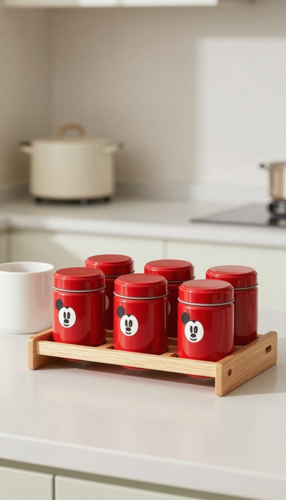 Mickey Mouse painted spice rack on kitchen counter with spice jars and coffee mug