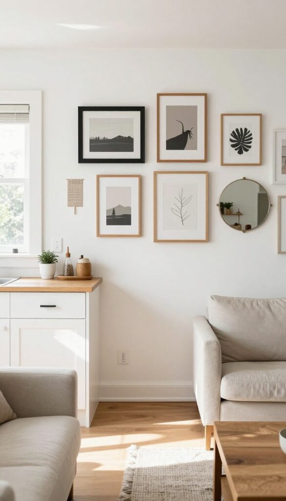 Gallery wall bridging open kitchen and living room with mixed frames and art