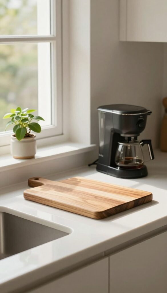 Slim wooden cutting board on kitchen counter with coffee maker and plant, clean and bright styling