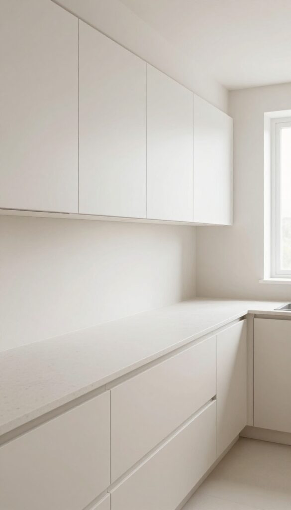 Long narrow kitchen with pale monochromatic color palette, white cabinets, quartz countertop, bright natural light, airy and seamless flow
