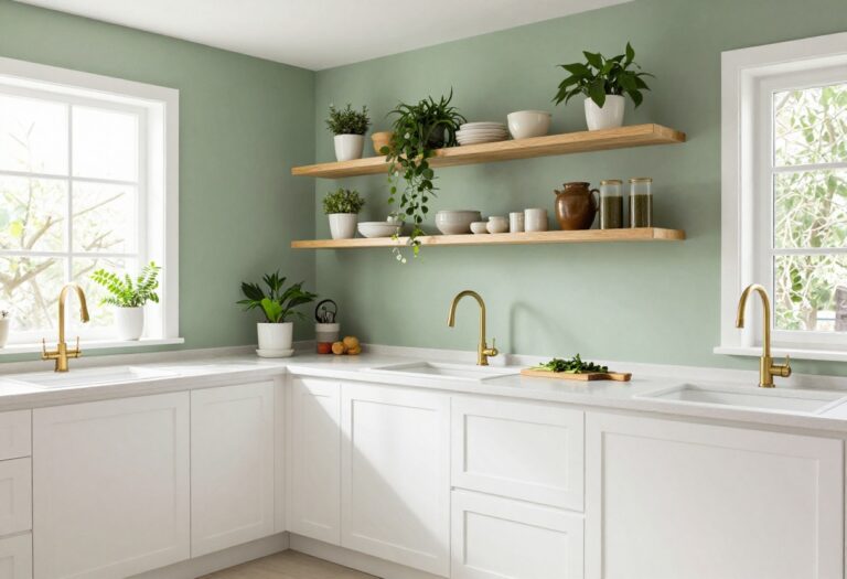 Bright kitchen with sage green accent wall, white cabinets, and natural light