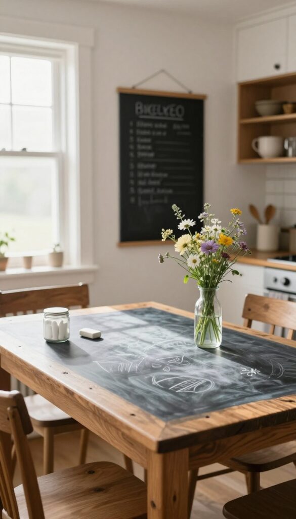 Kitchen table with chalkboard paint top, chalk and eraser, wildflowers, natural light, cozy farmhouse style