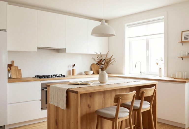 Cozy small kitchen with a wooden bar table, two stools, and warm decor accents