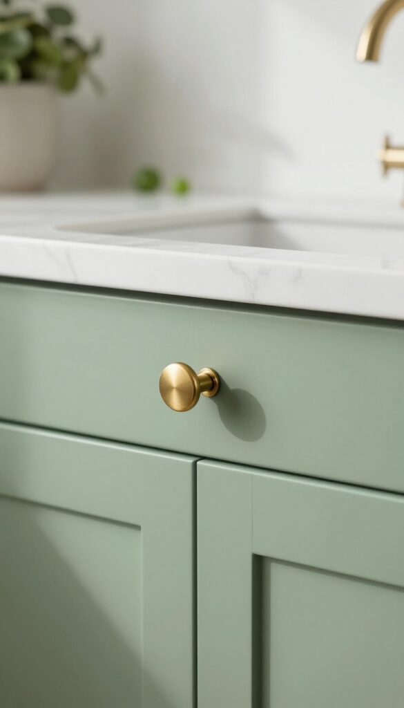 Sage green kitchen cabinet with brushed brass knob, natural light, clean composition