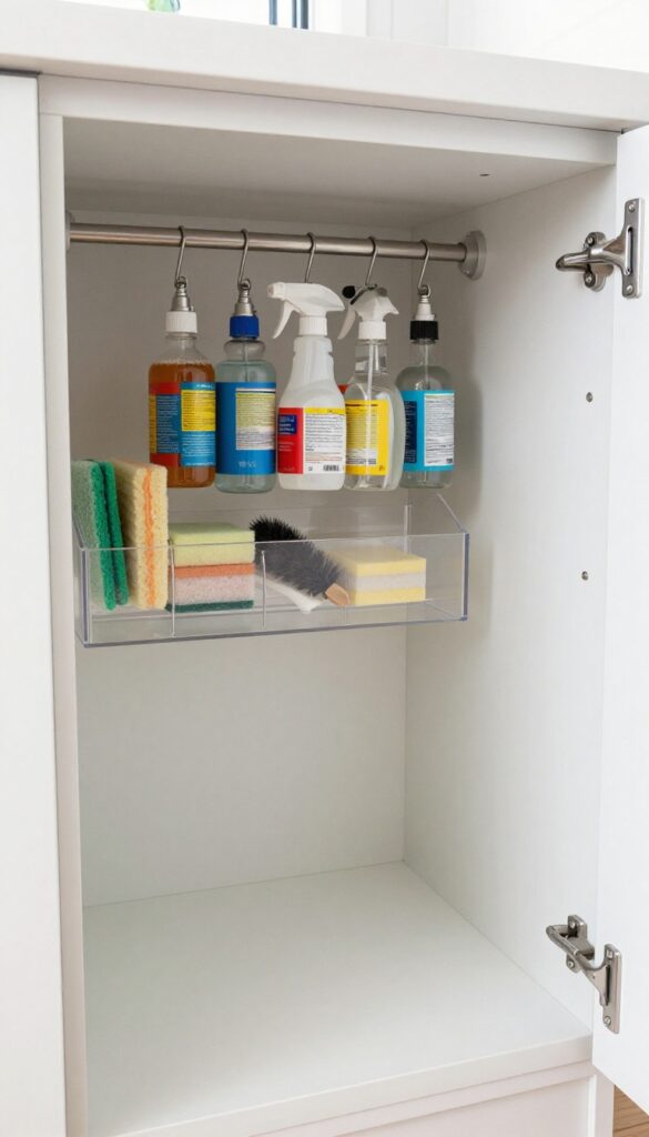 Open under-sink cabinet with tension rod holding spray bottles and a clear caddy for sponges, styled in a modern clean kitchen.