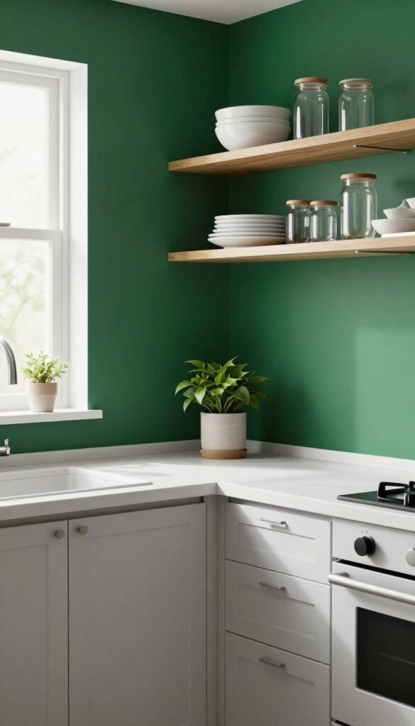 Emerald green accent wall in a small kitchen with light wood open shelving, white ceramics, and natural light.
