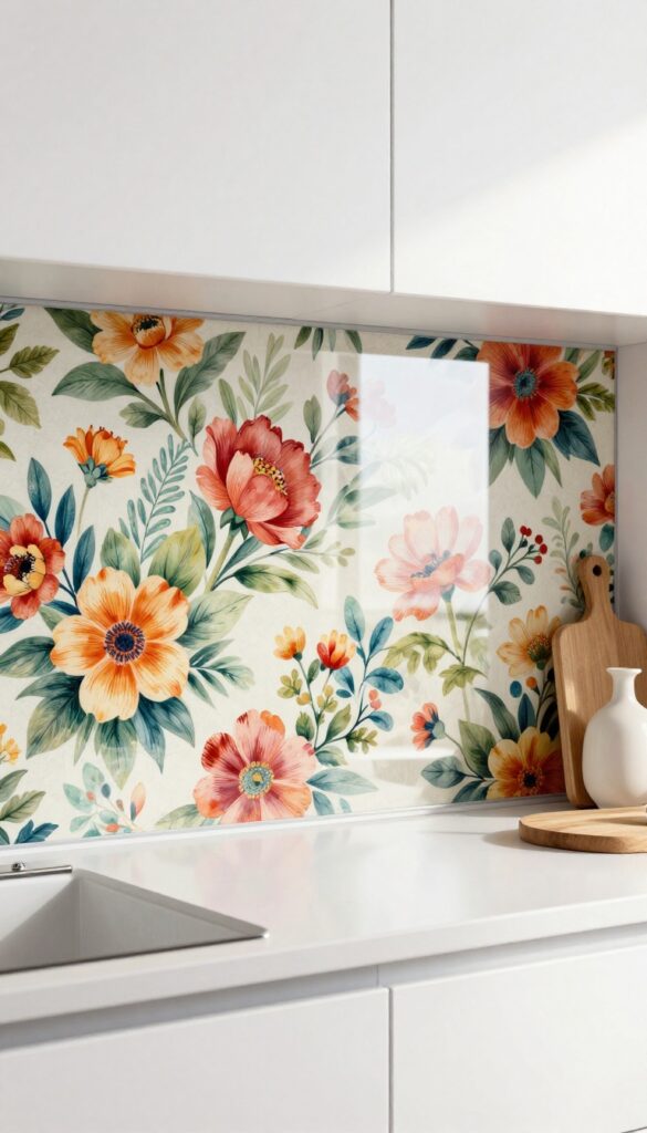 Close-up of a fabric-covered kitchen backsplash under clear glass, featuring a floral pattern and bright natural light.